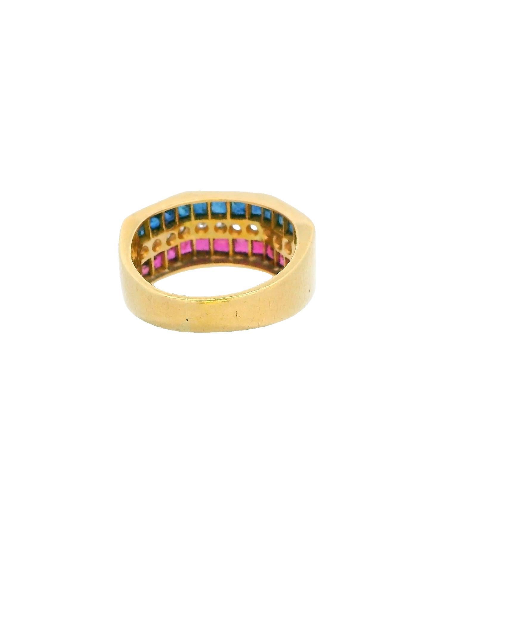 Mixed Cut 18K Gold With Ruby, Sapphire & Diamond Ring For Sale