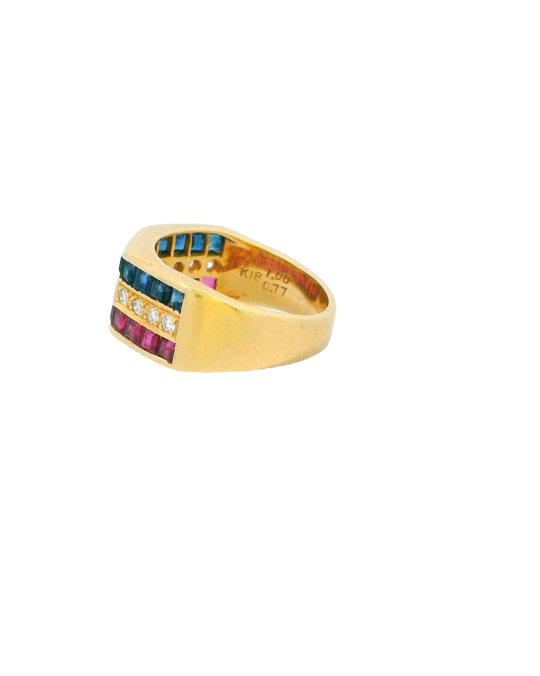 18K Gold With Ruby, Sapphire & Diamond Ring In Good Condition For Sale In Great Neck Plaza, NY