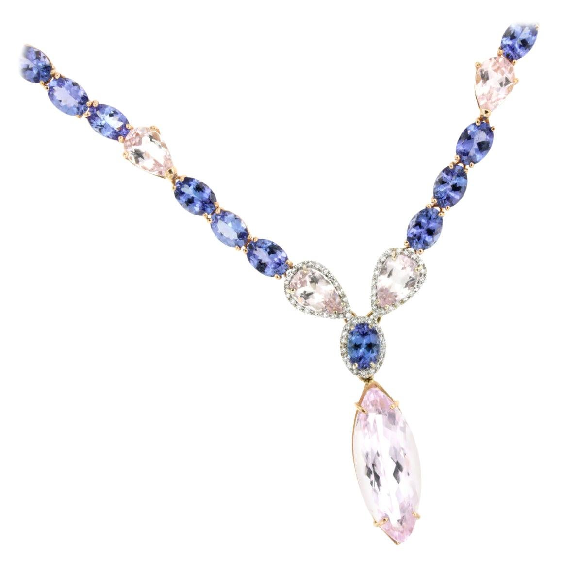 Magnifique collier moderne en or 18 carats avec tanzanite, kunzite et diamant blanc  en vente