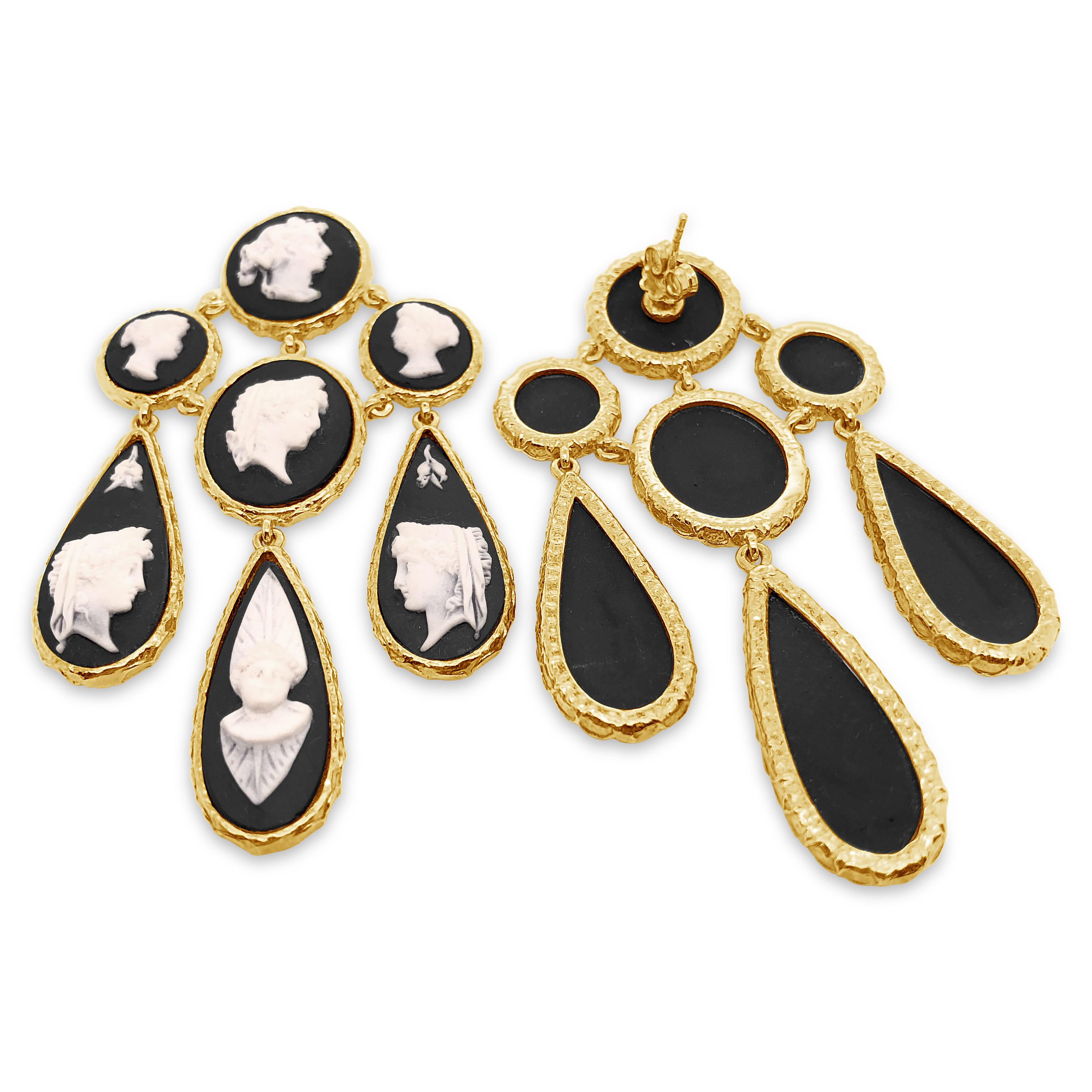 Finely detailed porcelain cameos depicting the profile of classical ancient Rome women. Opulent yet feminine these chandelier earrings can be comfortably worn for any occasion. Beautifully hand crafted, mounted in 18k yellow gold vermeil this design