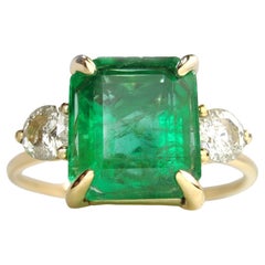 Anillo de oro de 18 quilates para mujer Esmeralda Diamantes Tres Piedras Compromiso Regalo de Navidad
