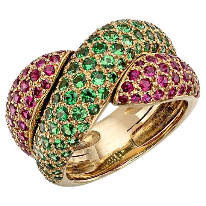 Bague enveloppante en or 18 carats avec rubis et tsavorite, par Gloria Bass