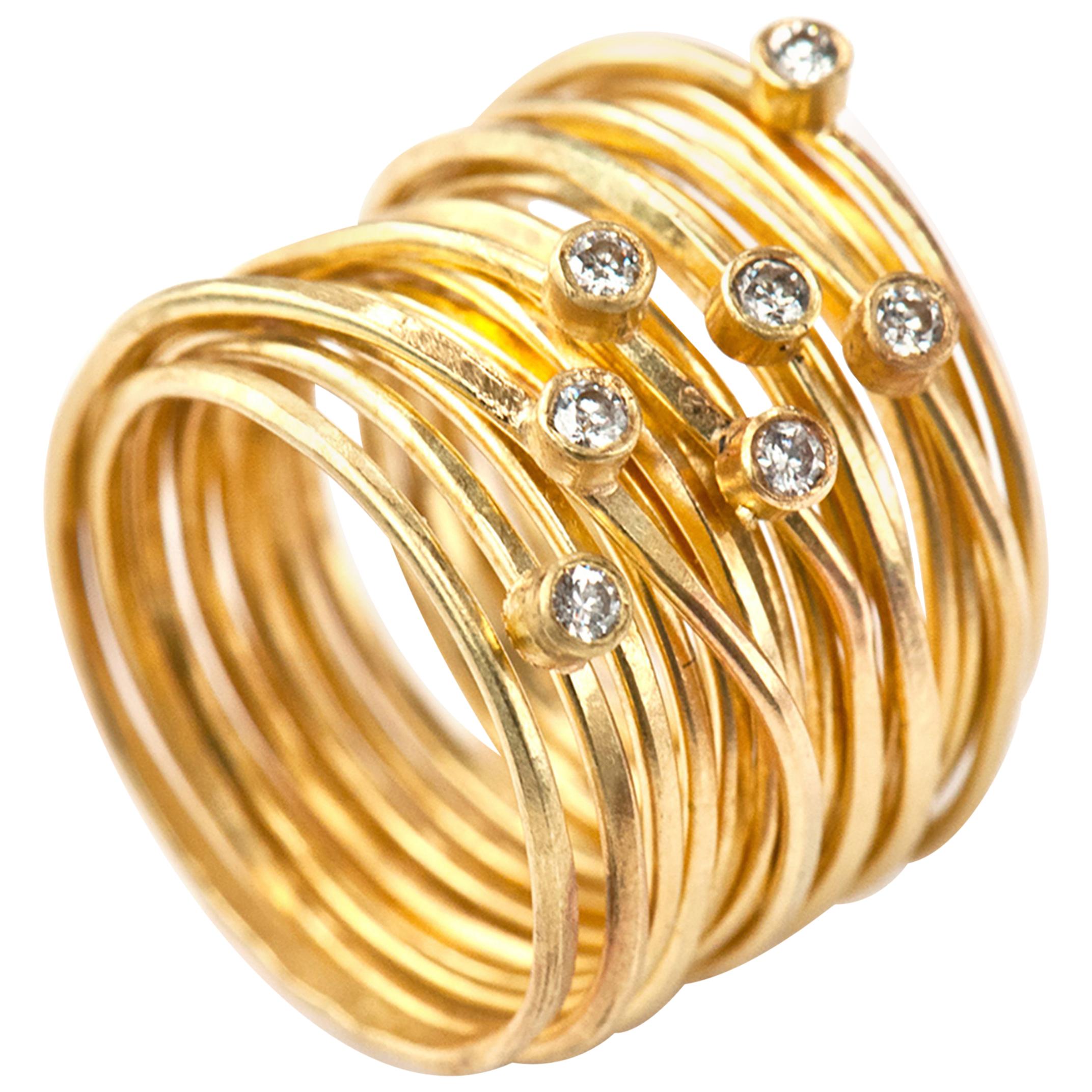 18k Gold Wrapped Wire 'Spaghetti' Ring with Seven 0.03ct White Diamonds For Sale