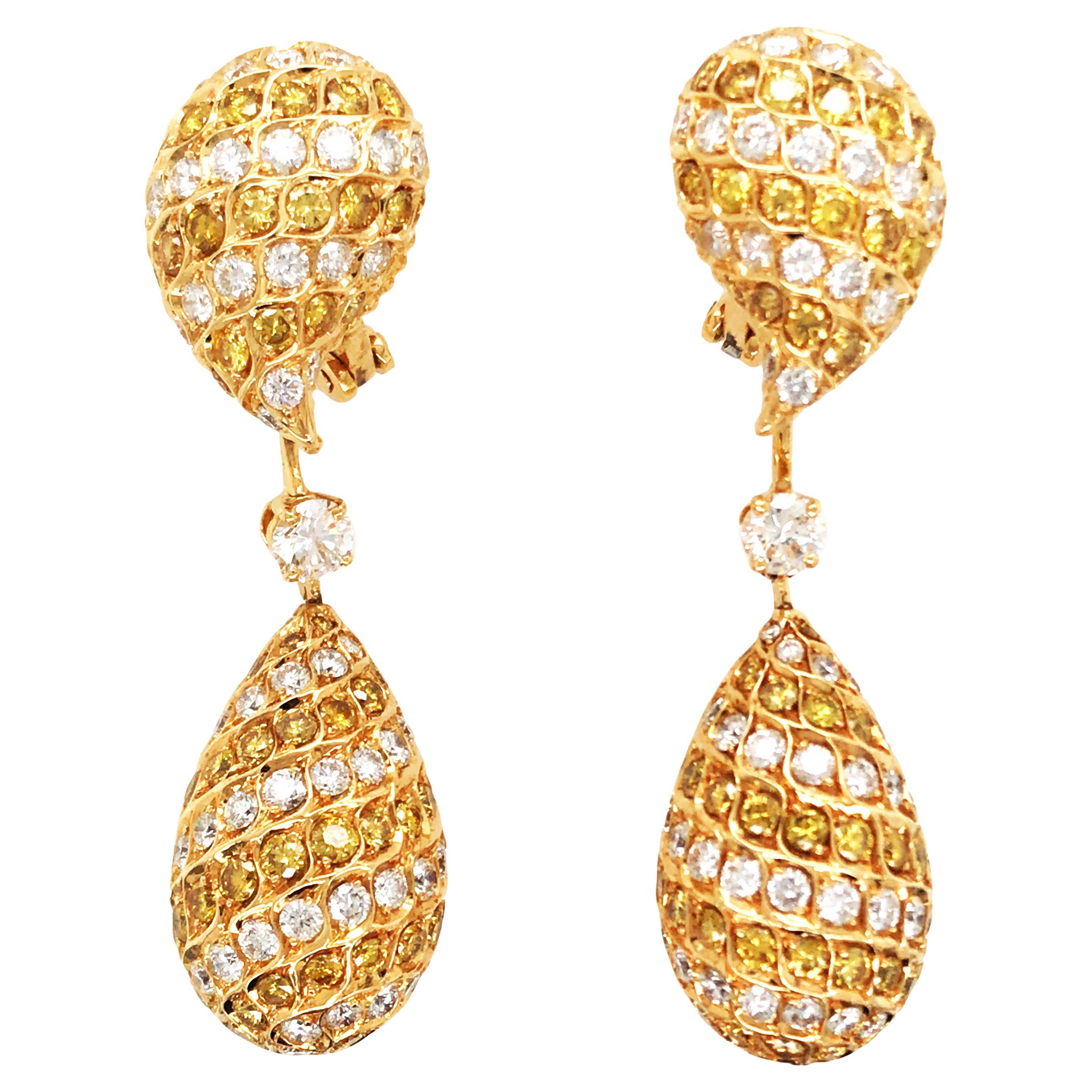 18K Gold Yellow Diamond Diamond Earrings, GIA