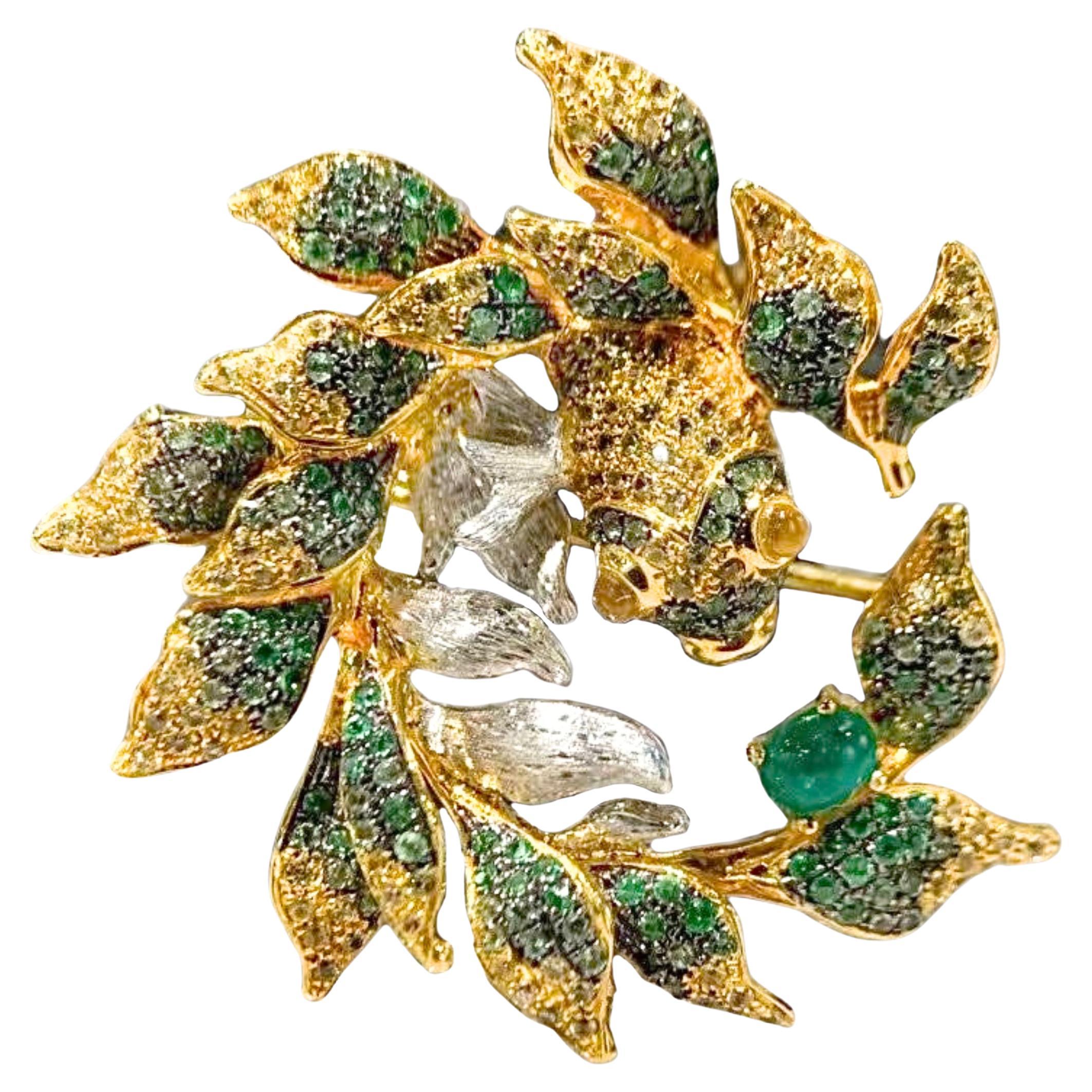 18K Gold Yellow Gold Emerald & Yellow Sapphire Golden Fish Brooch & Pendant