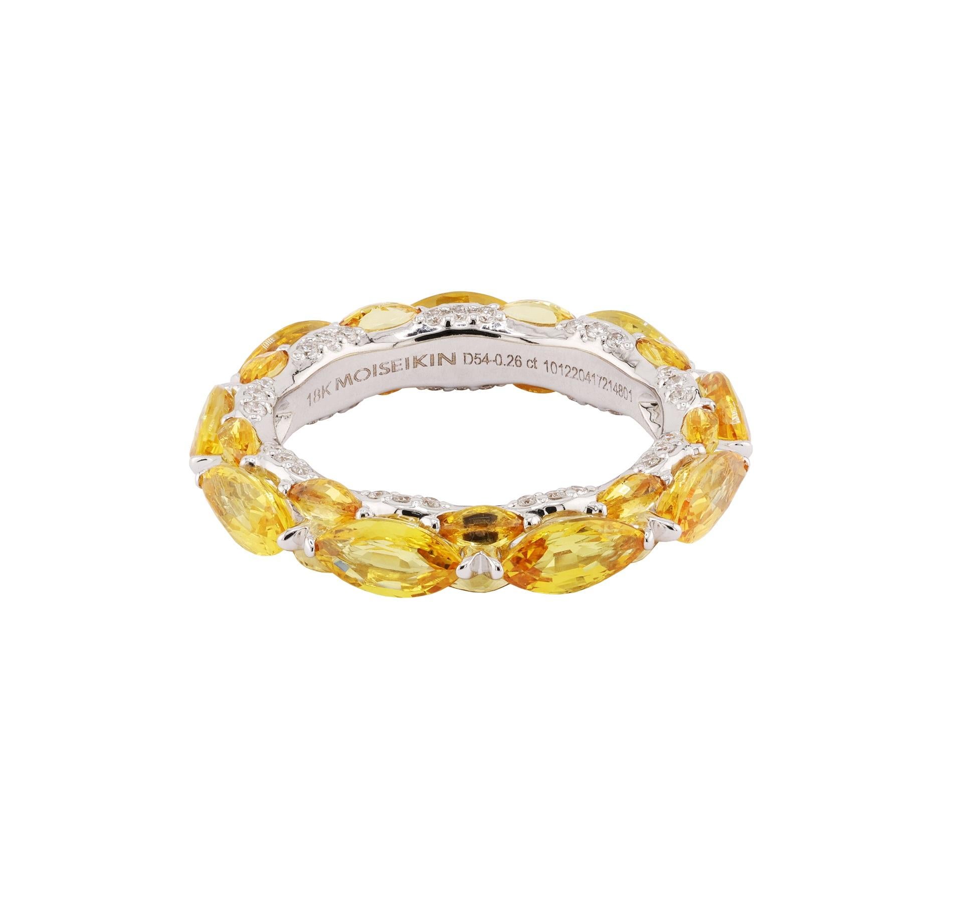 The gentle spring sun above,
Kissed your radiant smile.
In its shimmering dance,
It began to play
The melody of light spun on the wave.

Meet the latest addition to MOISEIKIN's Harmony of Water collection: the Vibrant Yellow Sapphire Eternity Ring.