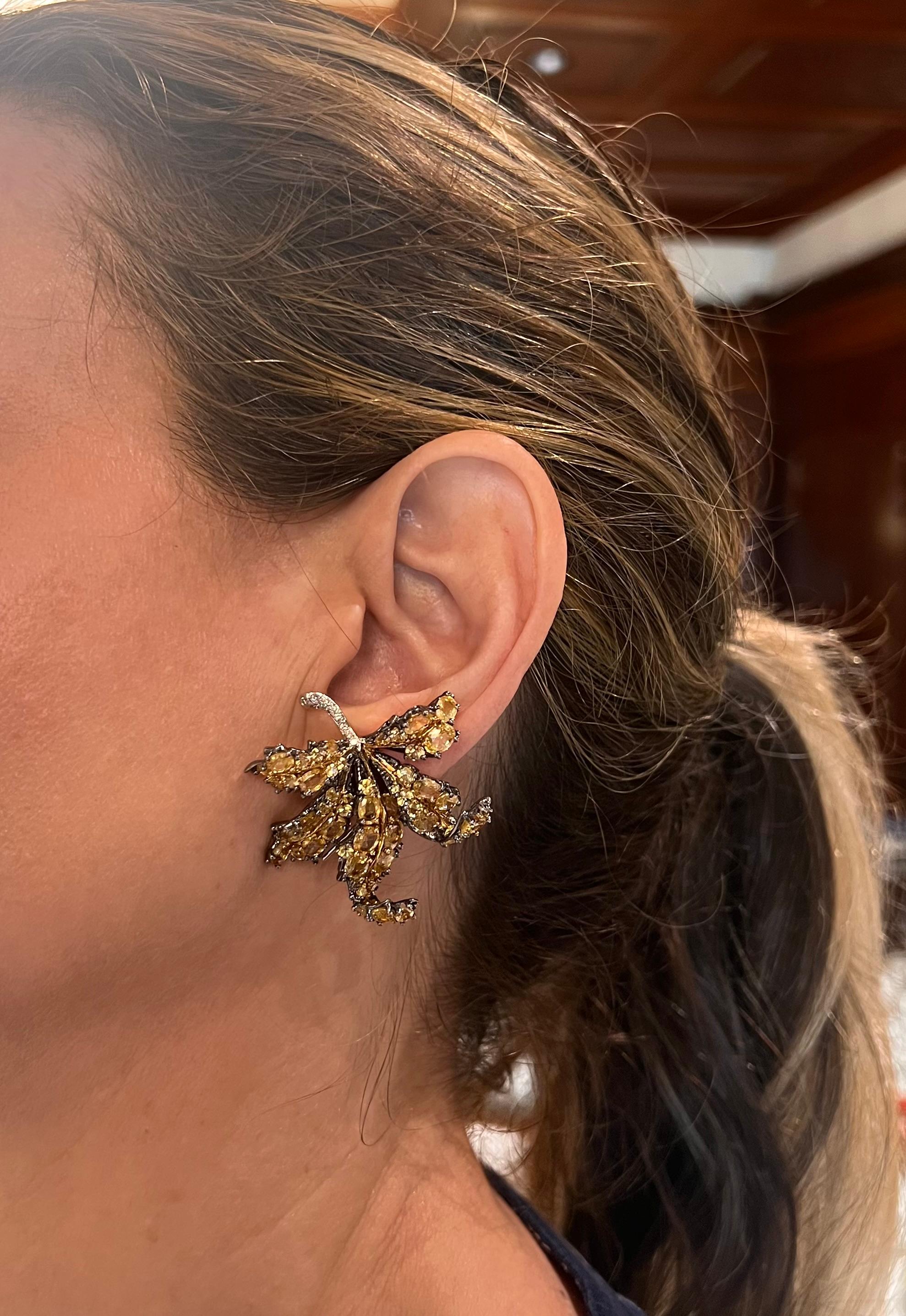 Modern 18k Gold Yellow Sapphire Diamond Leaf Earrings