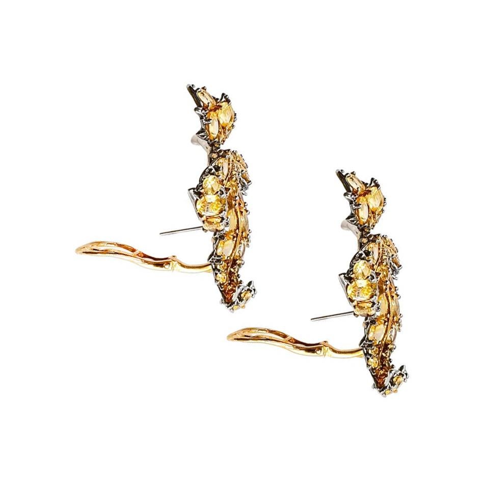 Oval Cut 18k Gold Yellow Sapphire Diamond Leaf Earrings For Sale