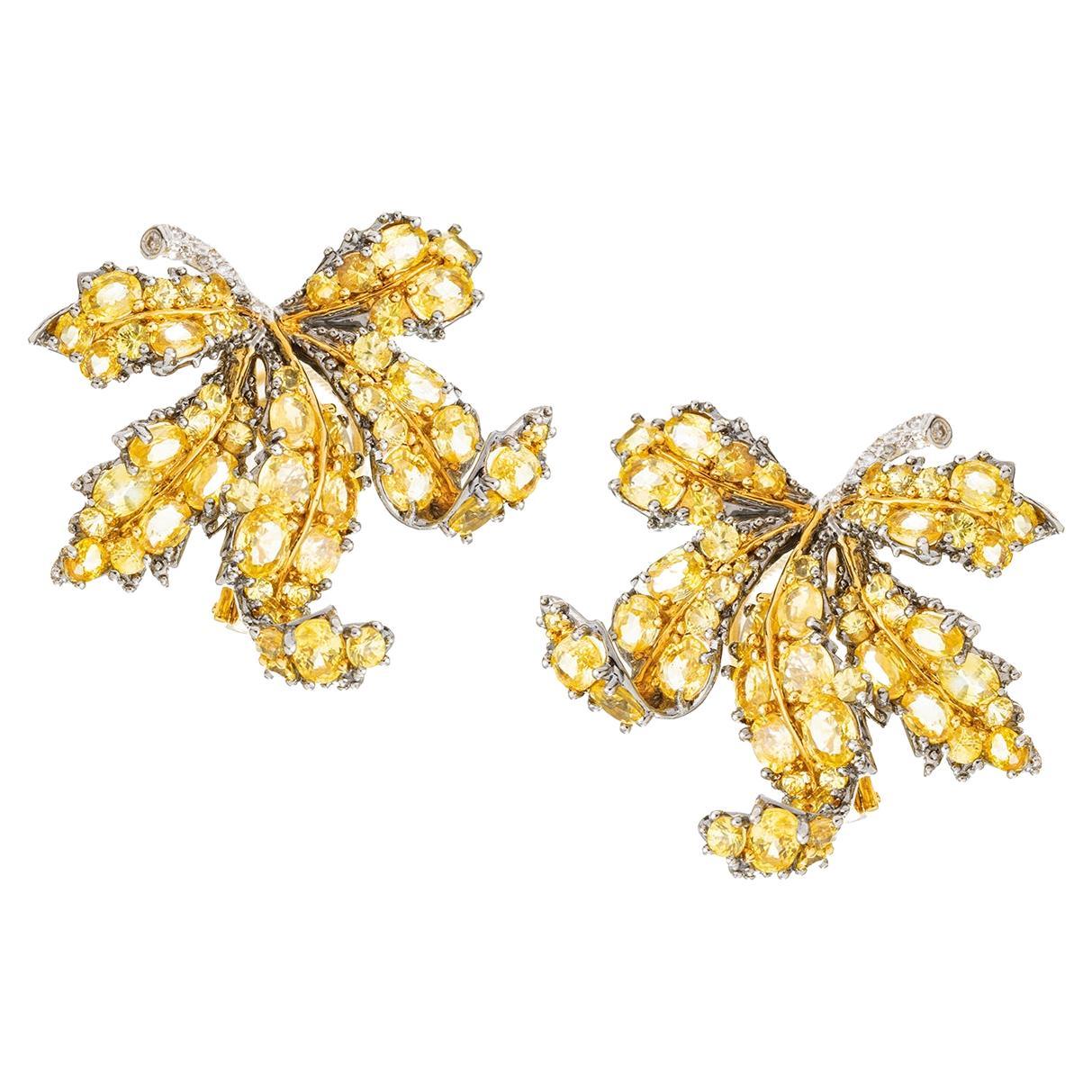 18k Gold Yellow Sapphire Diamond Leaf Earrings For Sale