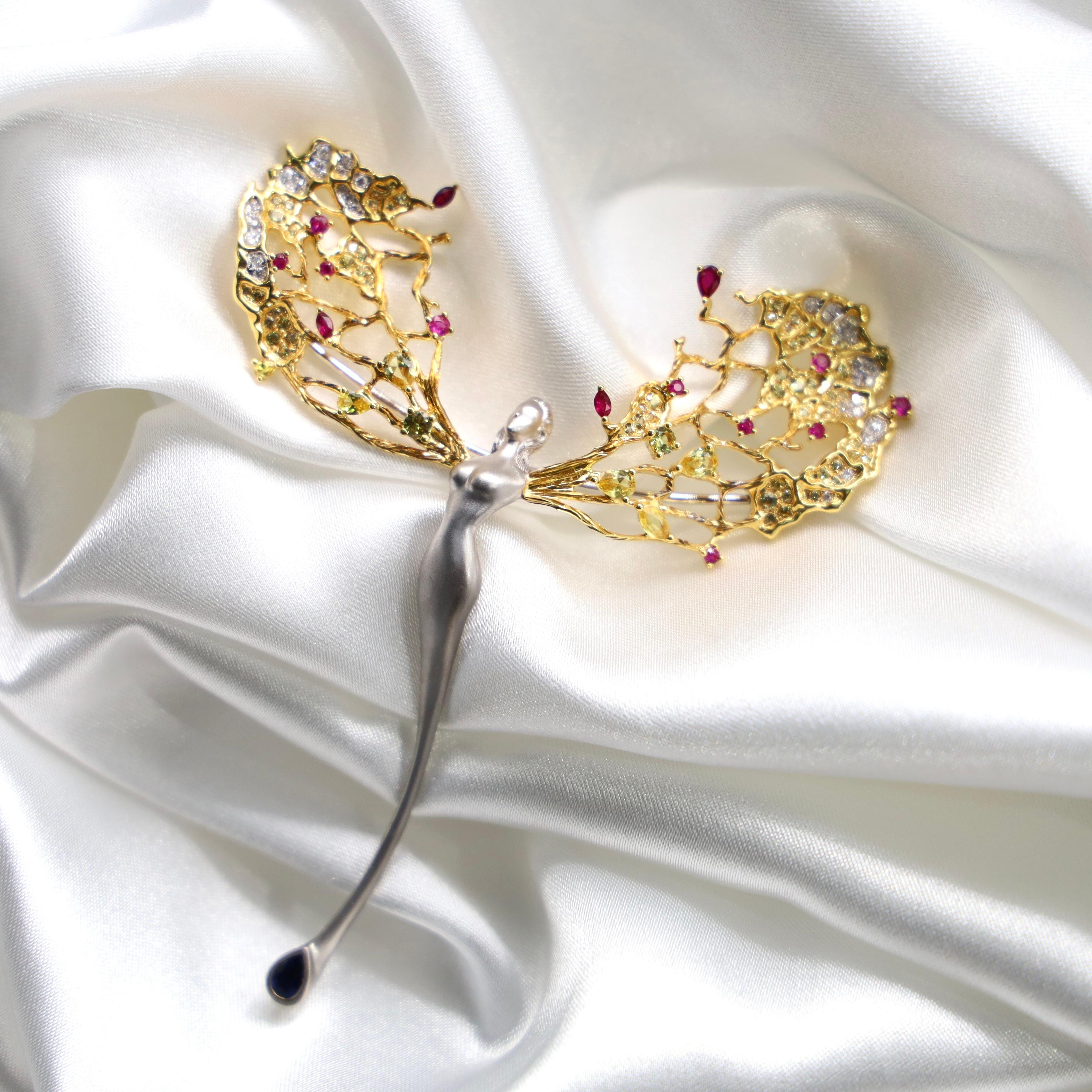 18K Gold Yellow Sapphire and Ruby Brooch with Diamonds For Sale at 1stDibs