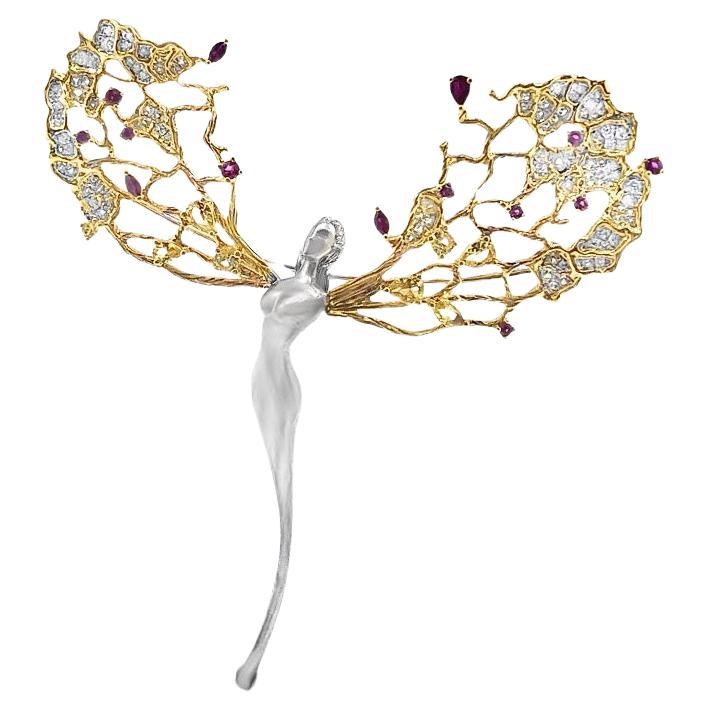 18K Gold Yellow Sapphire & Ruby Brooch with Diamonds