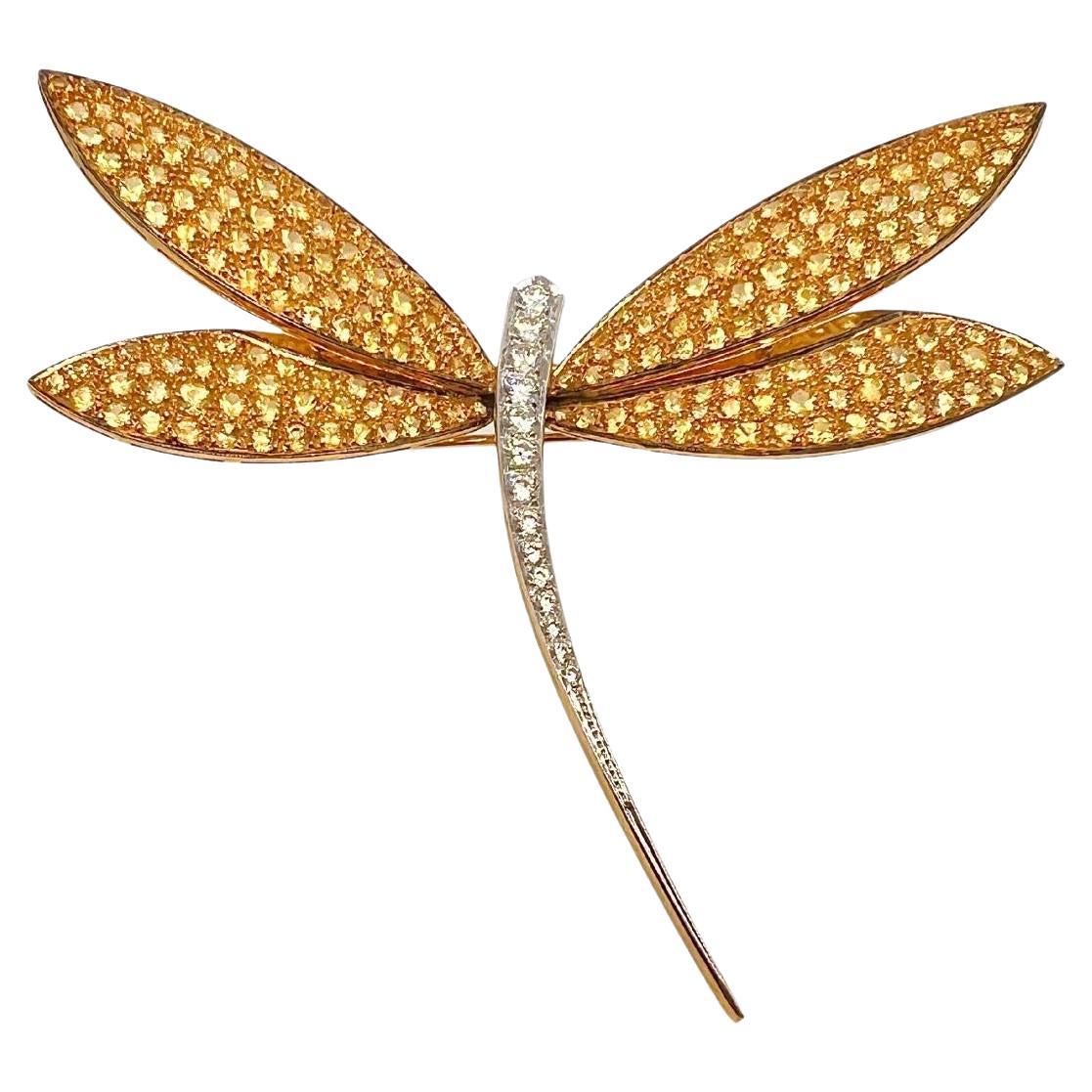 18K Gold Yellow Sapphires and Diamond Dragonfly Brooch