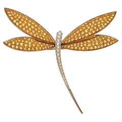 18K Gold Yellow Sapphires and Diamond Dragonfly Brooch