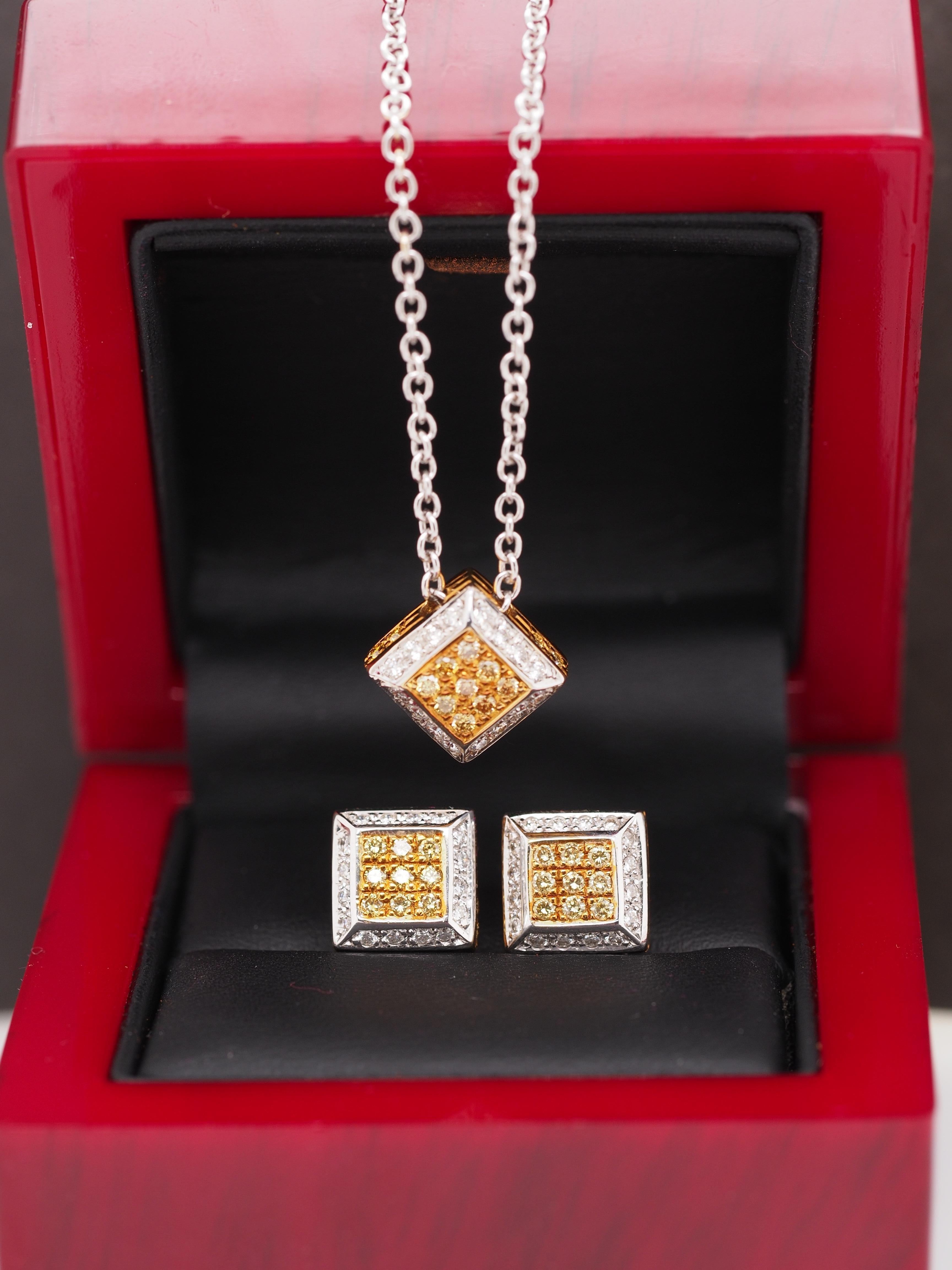 Contemporary 18k Gold Yellow & White Diamond Earring and Necklace Set For Sale