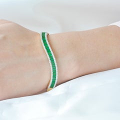 18K Gold Zambian Emerald Baguettes Diamond Wave Cuff Bracelet