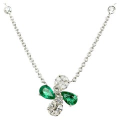 18k Gold sambischen Smaragd Cts 0,49 und Diamant-Blumen-Halskette