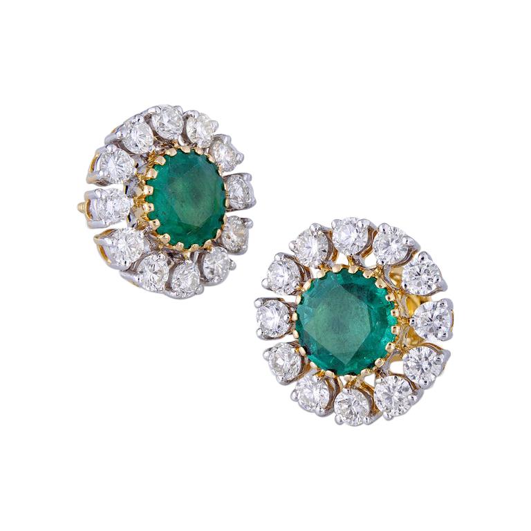 4.96 Carat Zambian Emerald Diamond 18k Gold Stud Earrings 