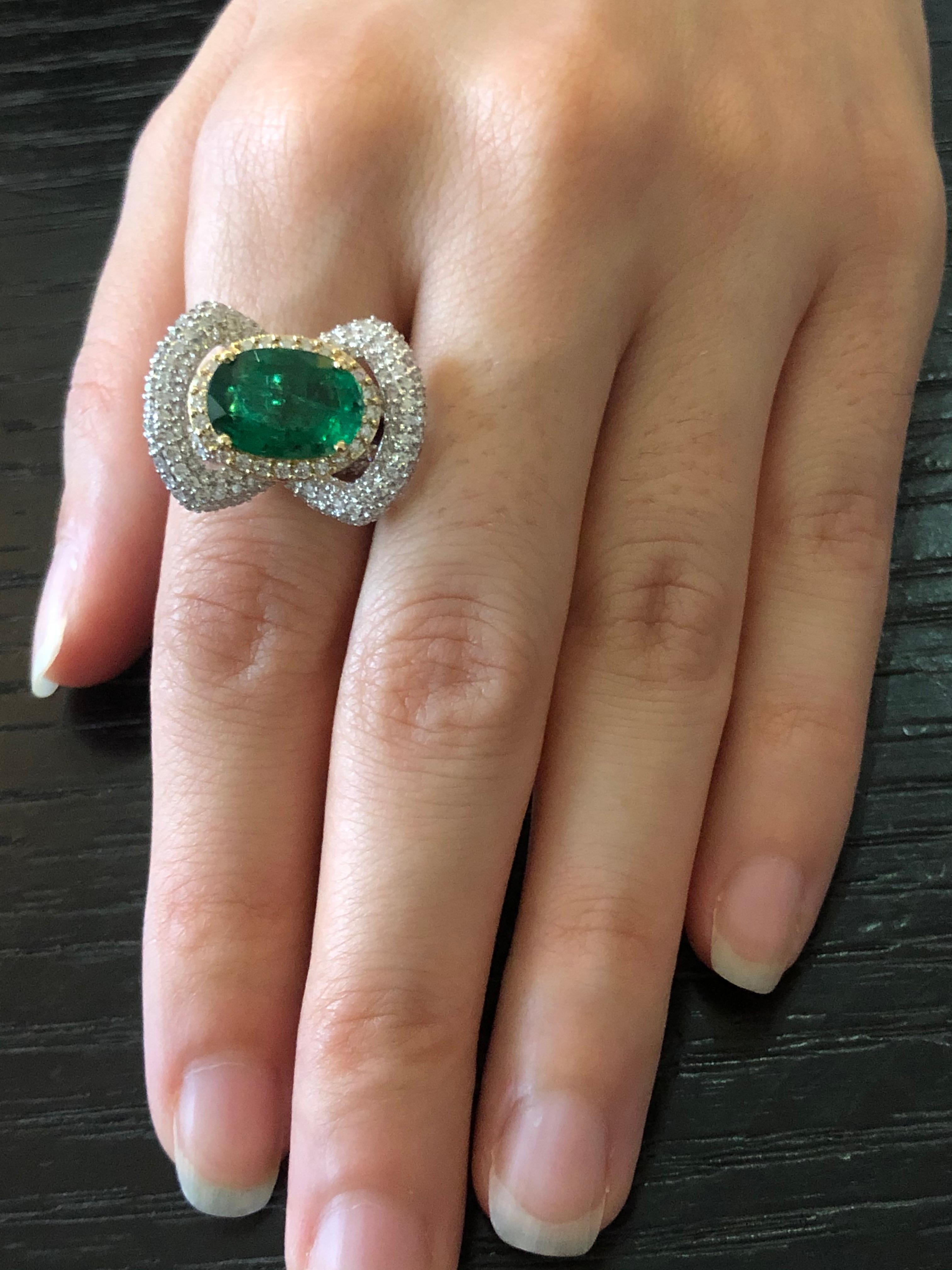 Modern 18 Karat Gold Zambian Emerald White Diamond Cocktail Ring