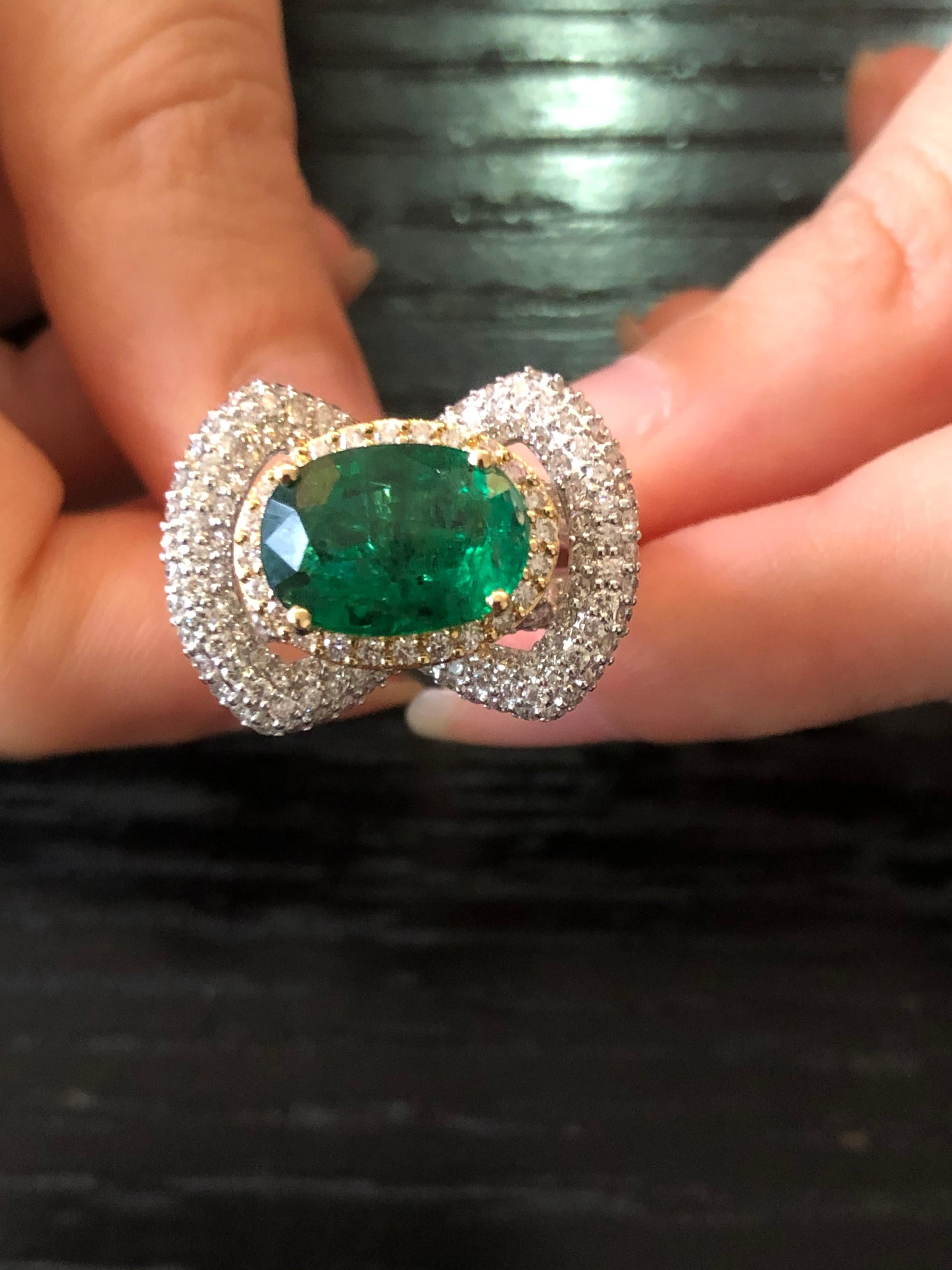 Oval Cut 18 Karat Gold Zambian Emerald White Diamond Cocktail Ring