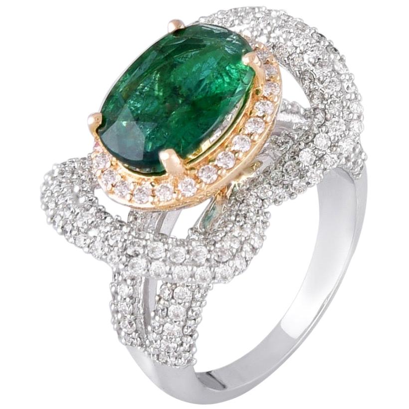 18 Karat Gold Zambian Emerald White Diamond Cocktail Ring