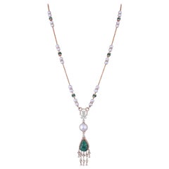 Hand Carved Emerald Pearls Diamond 18k Rose Gold Chain Necklace 