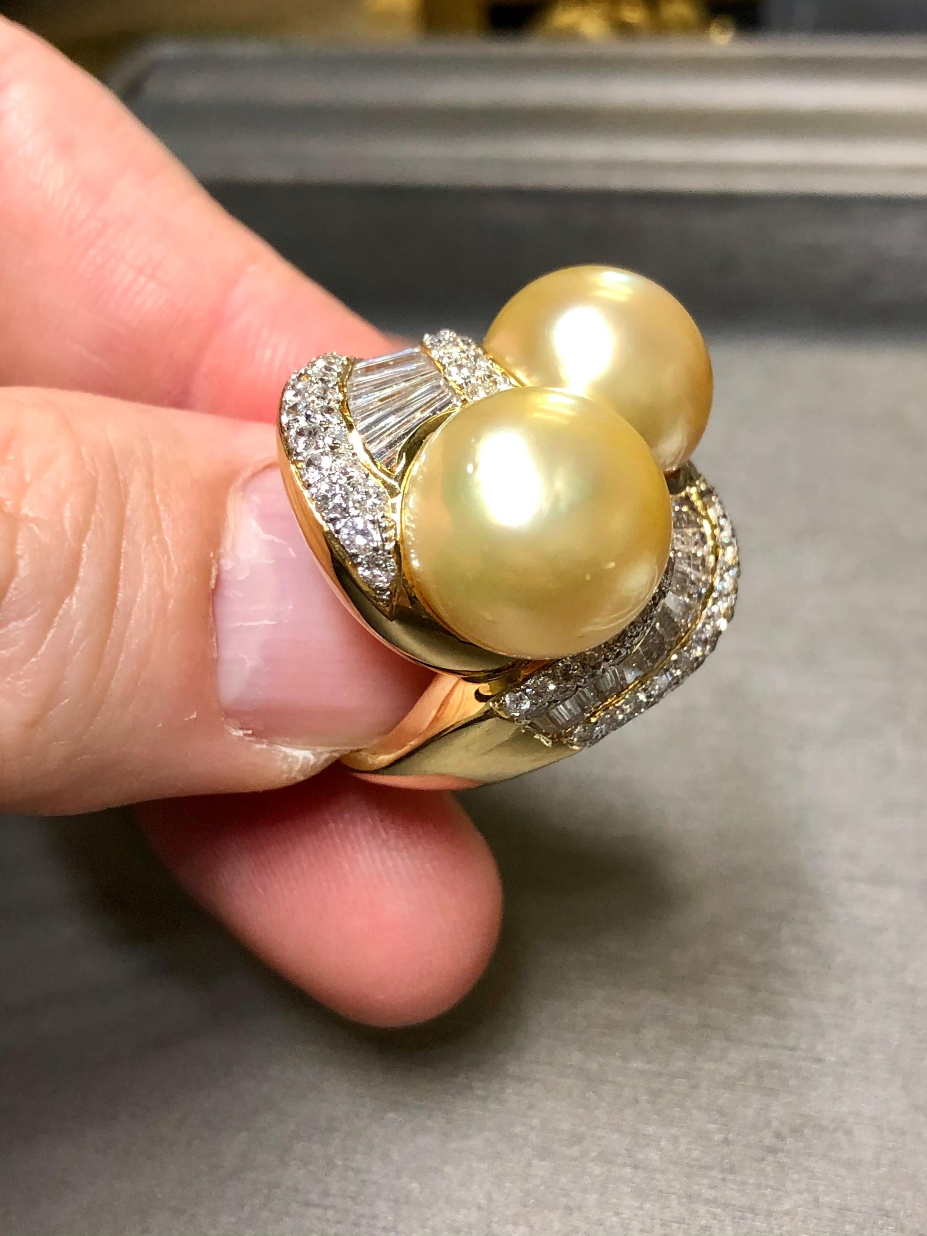 18K Golden South Sea Pearl Diamond Bypass Ring For Sale 4
