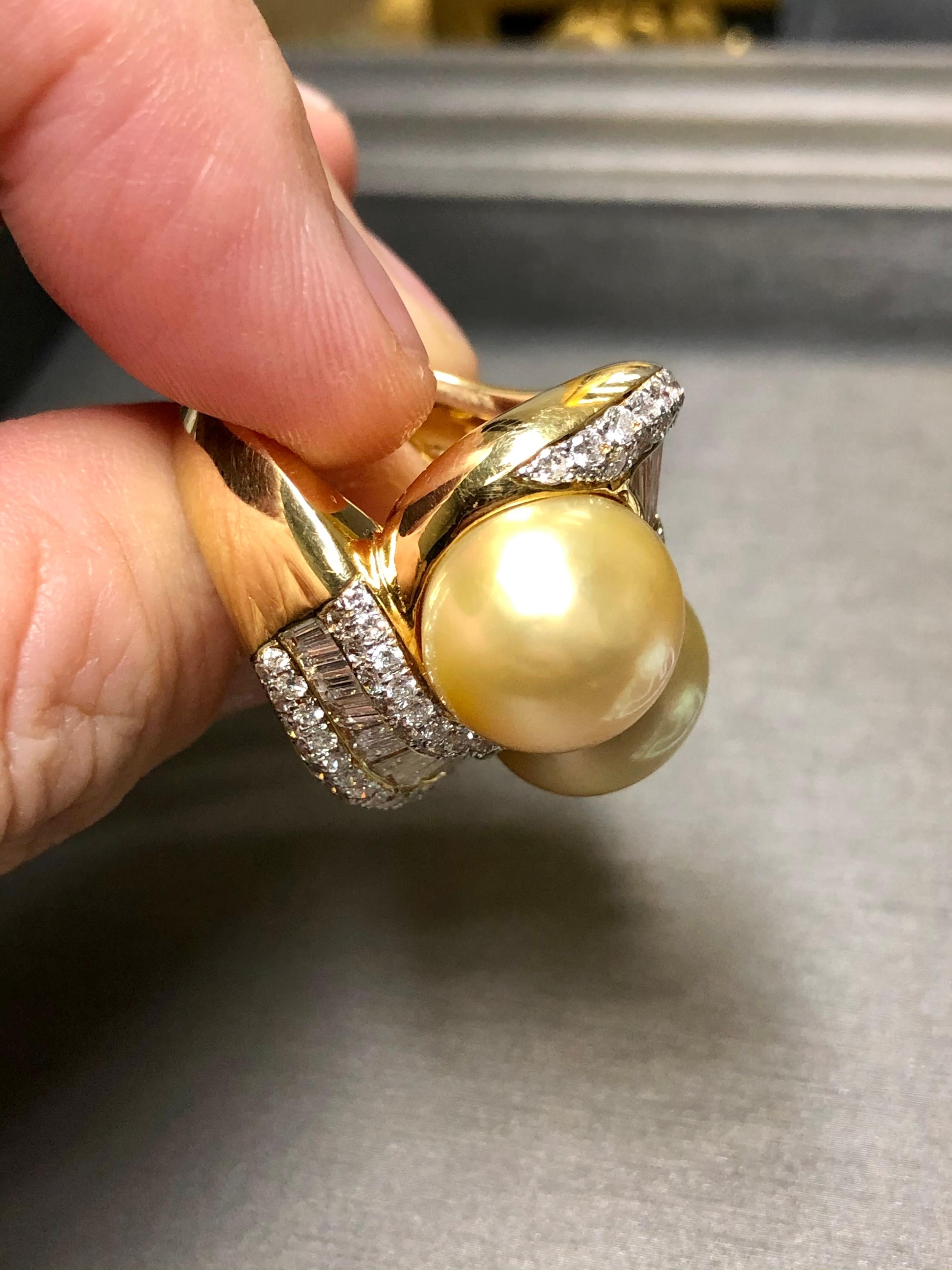 18K Golden South Sea Pearl Diamond Bypass Ring For Sale 5