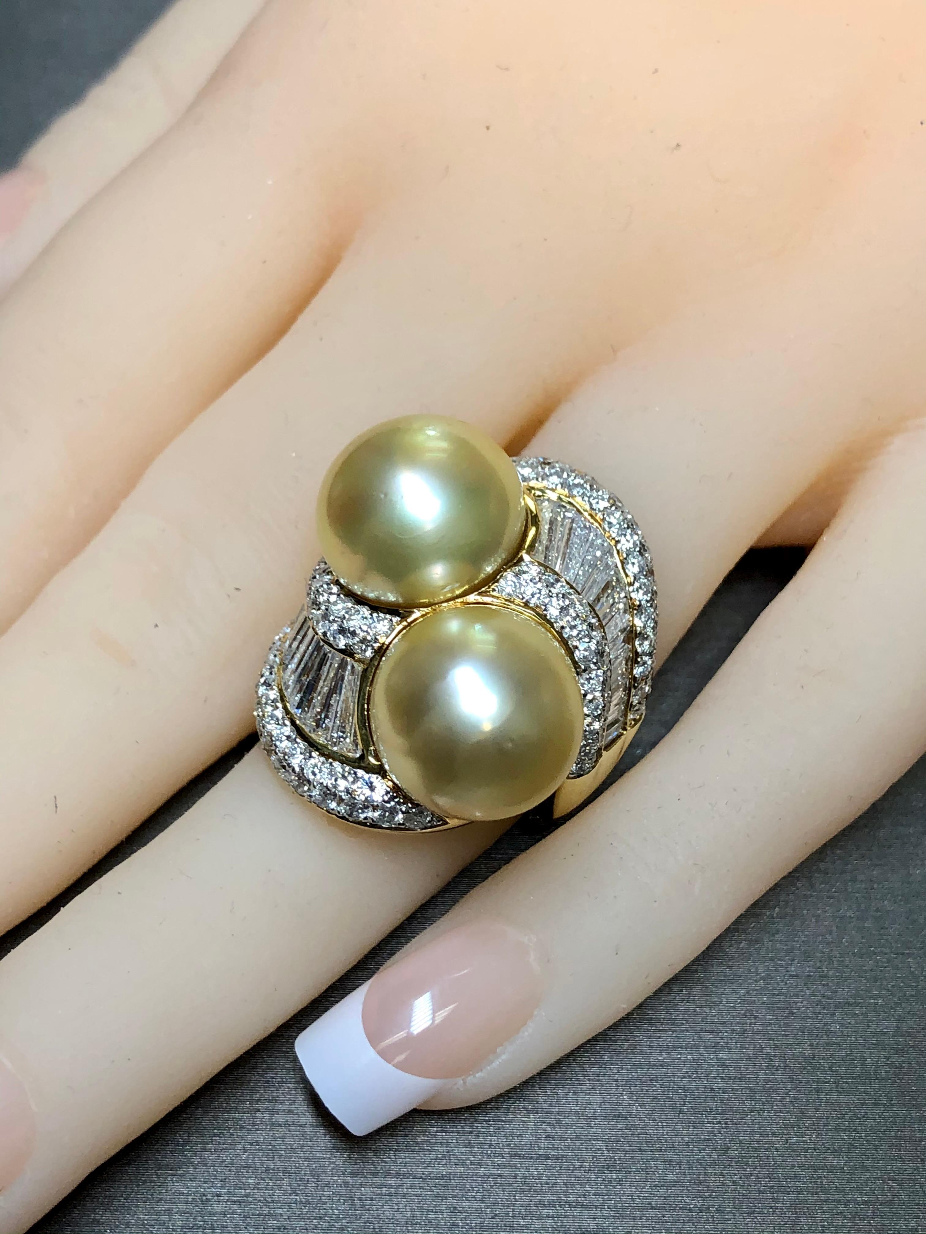 Bague cocktail Estate en or 18K avec perle des mers du Sud et diamant Bypass 4.50cttw 13.40mm en vente 6
