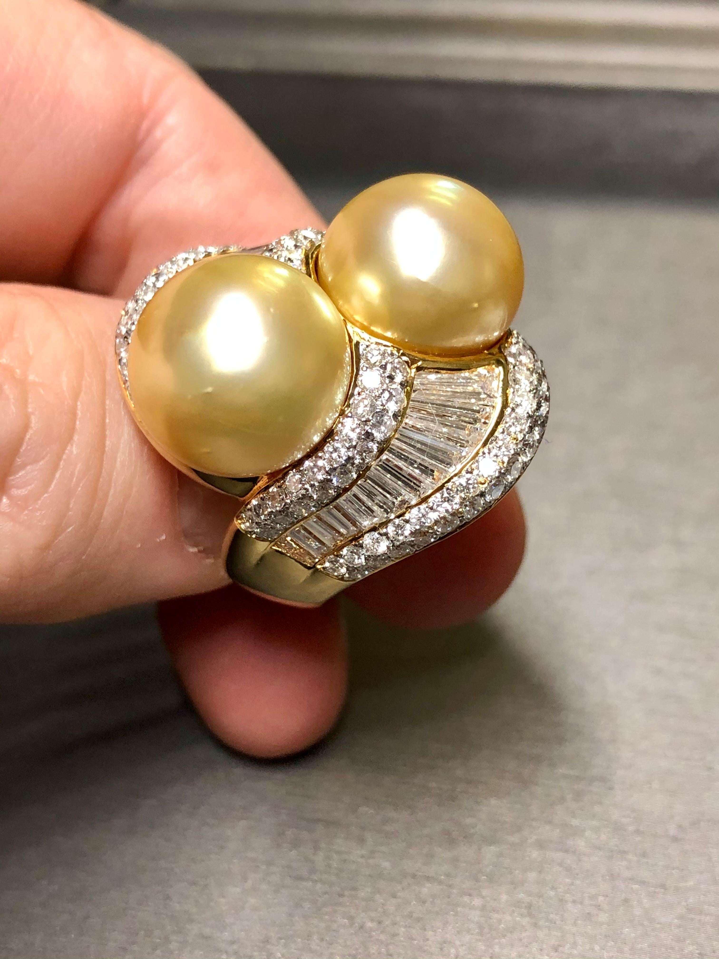 Women's or Men's 18K Golden South Sea Pearl Diamond Bypass Ring For Sale