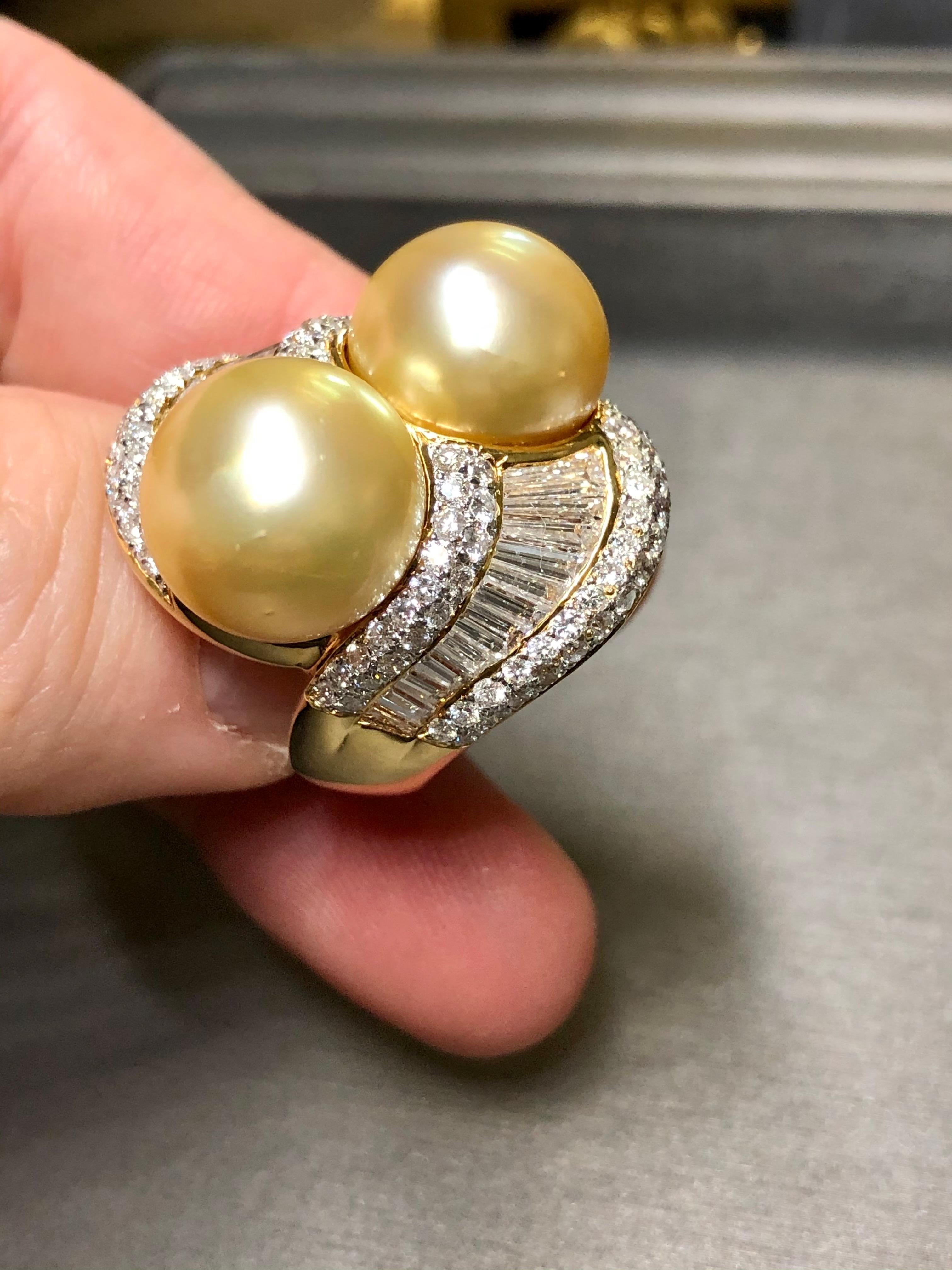 18K Golden South Sea Pearl Diamond Bypass Ring For Sale 3