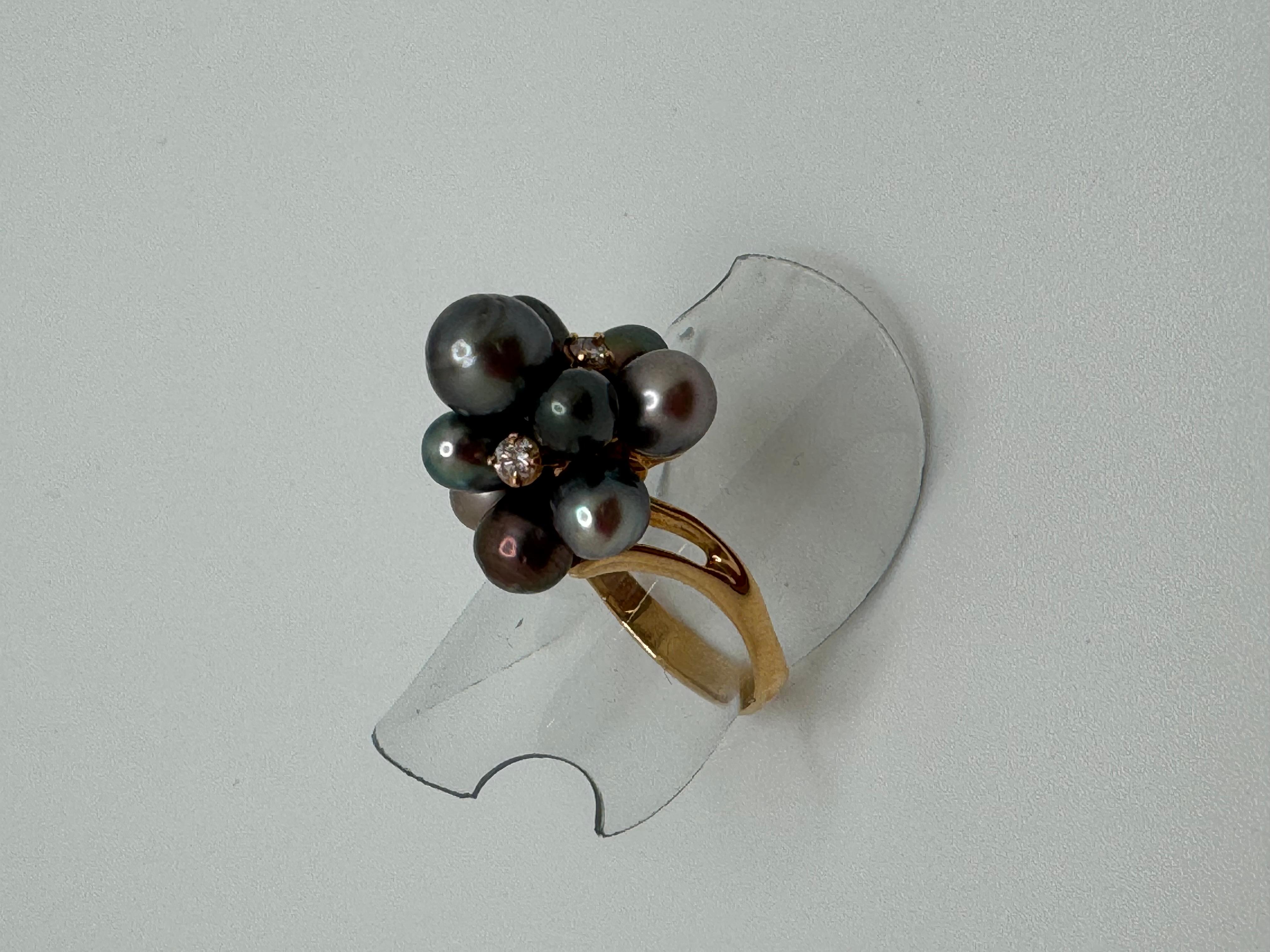Art Déco Anello cocktail con perle grigie e diamanti 18 carati in vendita