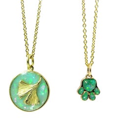 18K Green Gold and Opalized Green Enamel Paw Print Engravable Necklace