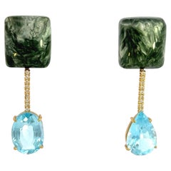 18K Green Seraphinite with White Diamond Bar and Sky Blue Topaz Earrings