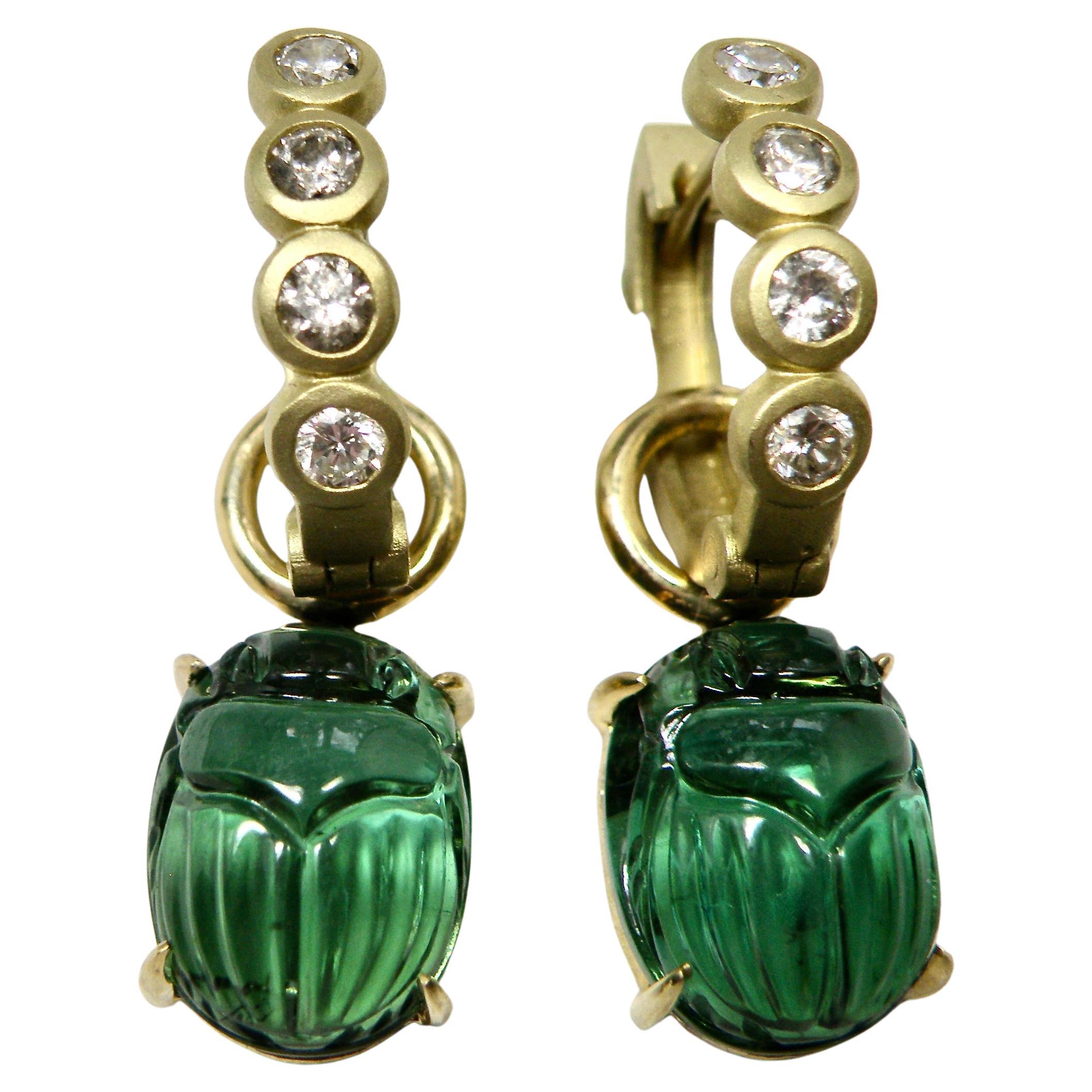 18k green tourmaline earrings w sapphire reversible Huggies For Sale