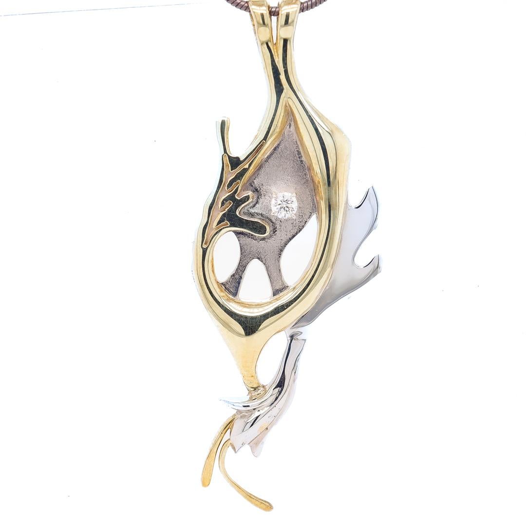 Round Cut 18k Green & White Gold & Diamond Pendant Necklace by Canadian Geneviève Bertrand