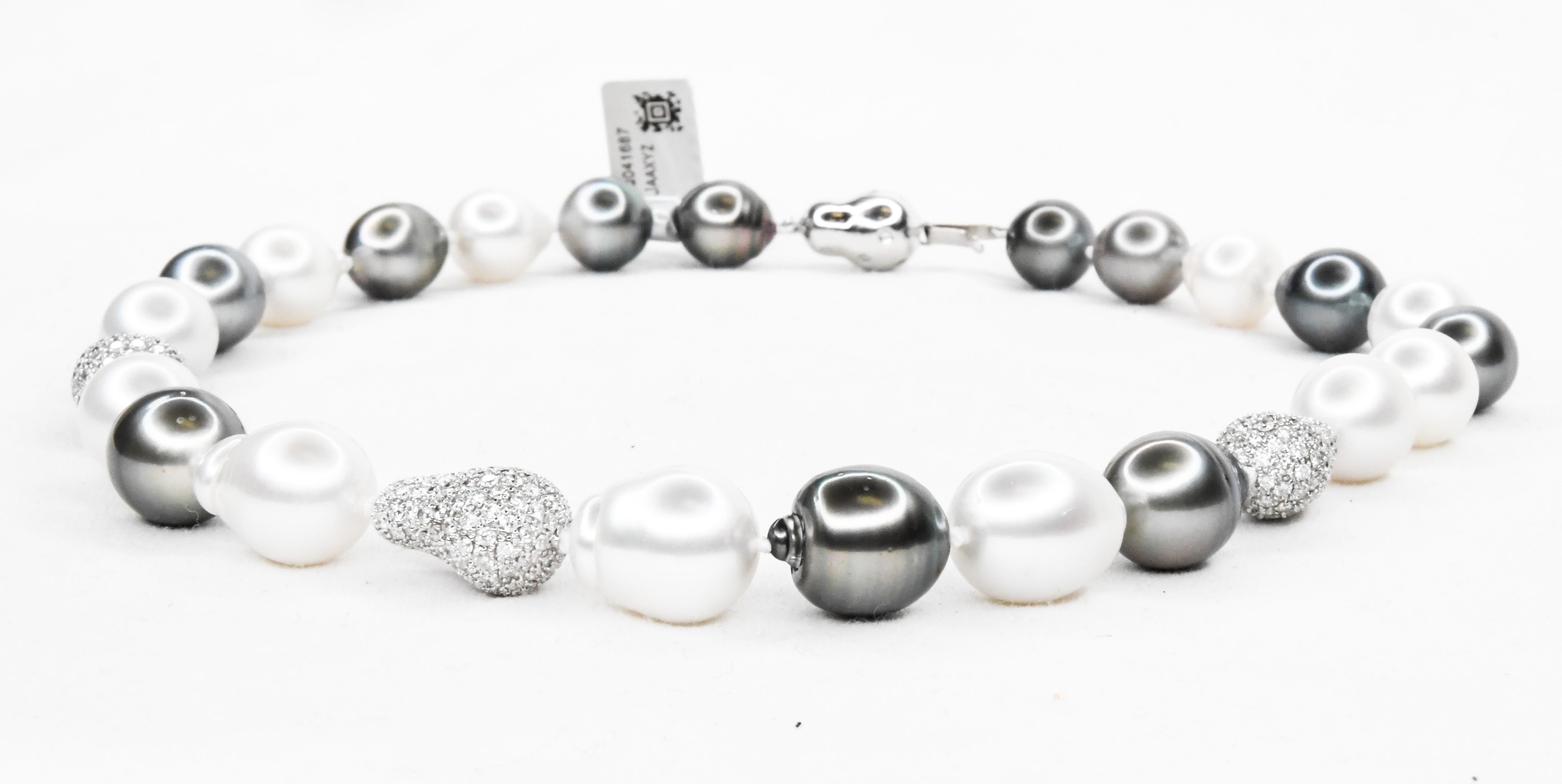 Contemporary 14K Grey Black and White Lustrous Baroque Pearls with Diamond Encrusted Spacers For Sale