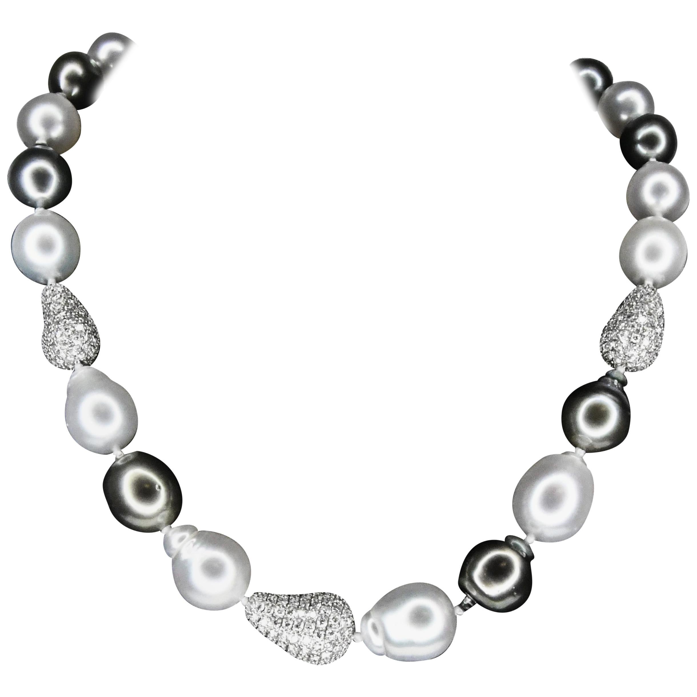 14K Grey Black and White Lustrous Baroque Pearls with Diamond Encrusted Spacers For Sale