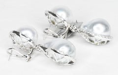18K Grey South Sea Baroque Pearls and Diamond Omega Back Drop/Dangle Earrings