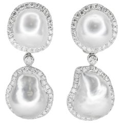 18K Grey South Sea Baroque Pearls and Diamond Omega Back Drop/Dangle Earrings