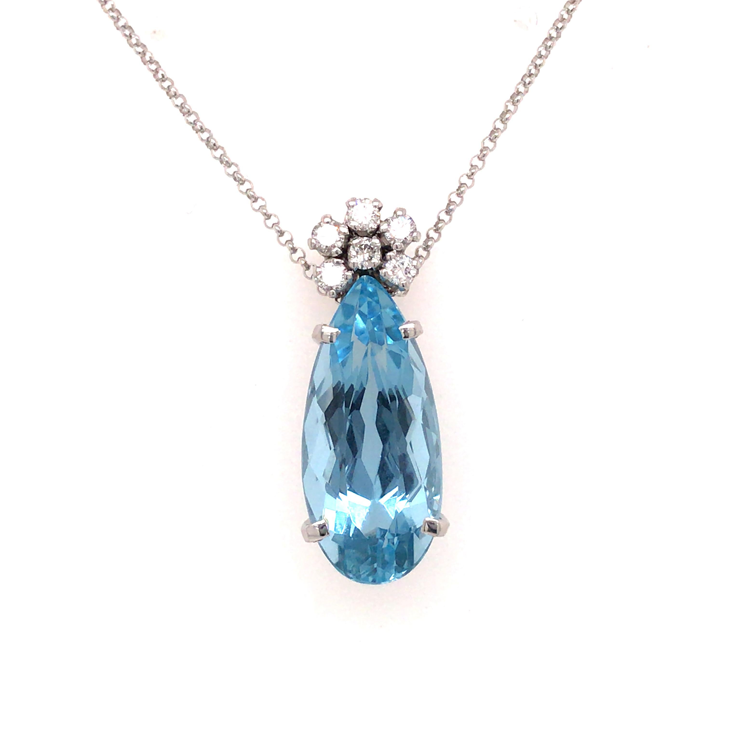 H Stern 6.56 Carat Santa Maria Aqua Pendant with Diamond Cluster in 18K White Gold.  (6) Round Brilliant Cut Diamonds weighing 0 .18 carat total weight G-H in color and VS in clarity are expertly set.  The Pendant measures 1 inch in length and 3/8
