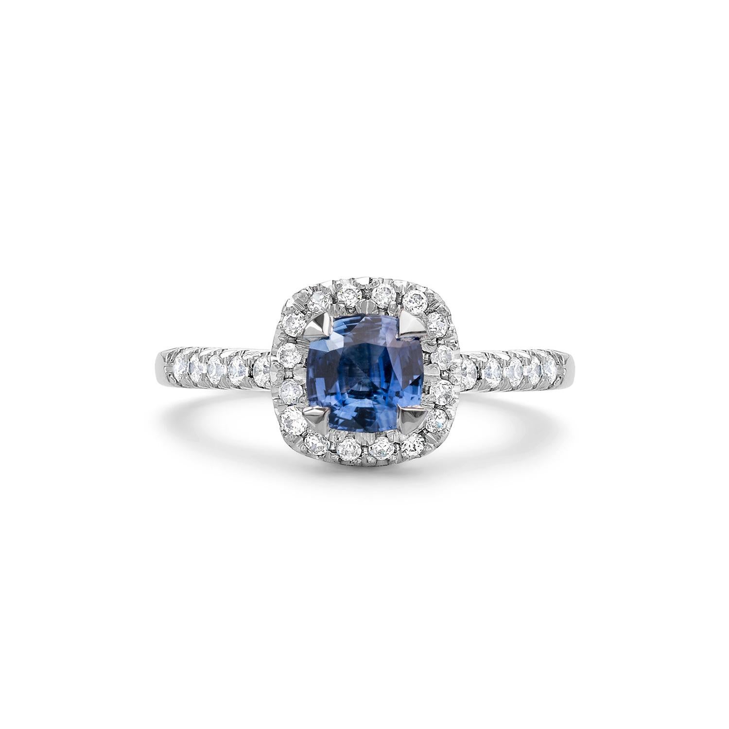 Modern 18k Halo Blue Sapphire Engagement Ring - 1.40CT For Sale