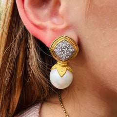 18k Hammered Gold Pearl & Diamond Earrings
