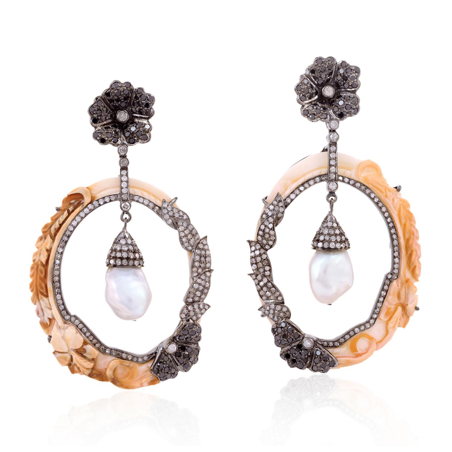 Mixed Cut Hand Carved Cameo Shell Pearl Diamond 18 Karat Gold Earrings For Sale