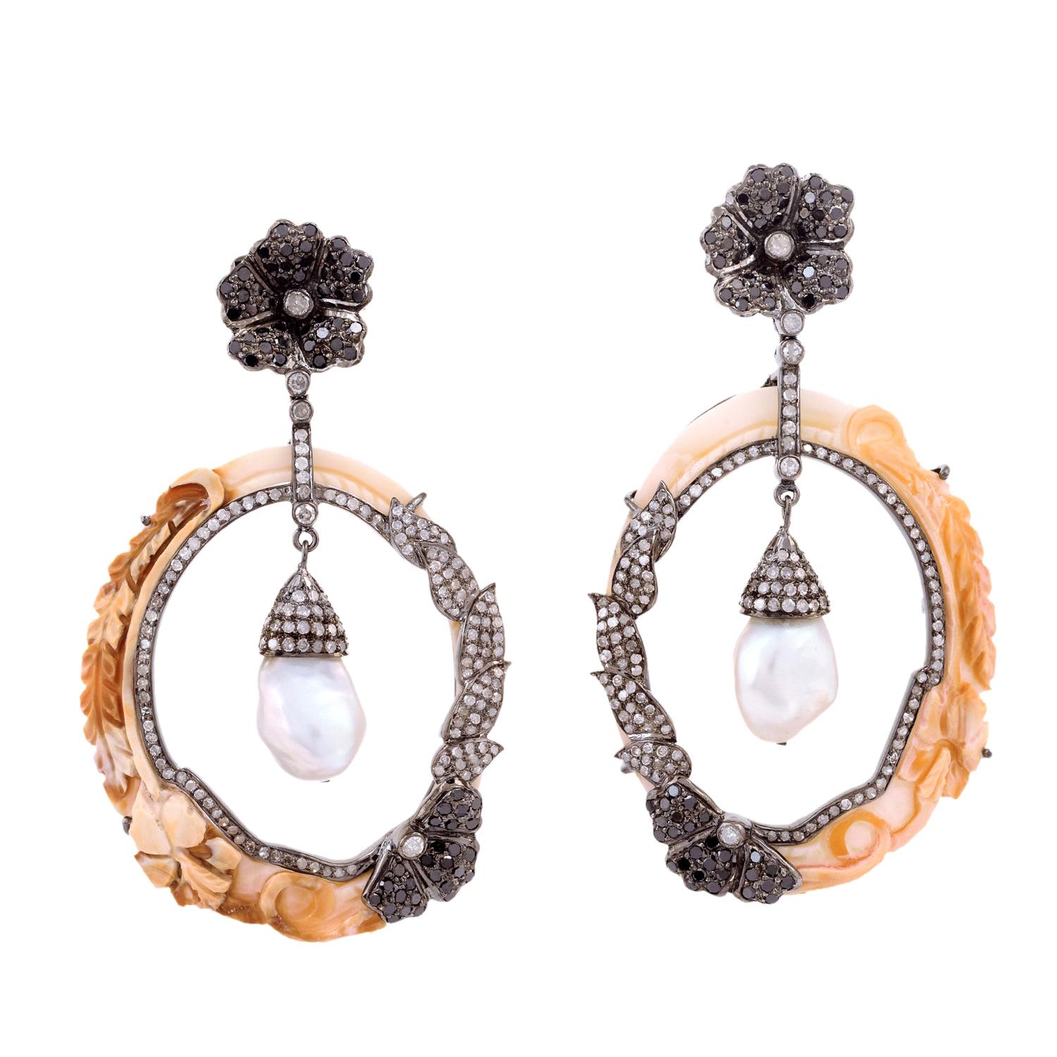 Hand Carved Cameo Shell Pearl Diamond 18 Karat Gold Earrings For Sale
