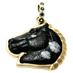 18K Hand Carved Snowflake Obsidian Horse Head Detachable Pendant with Sapphie Ba