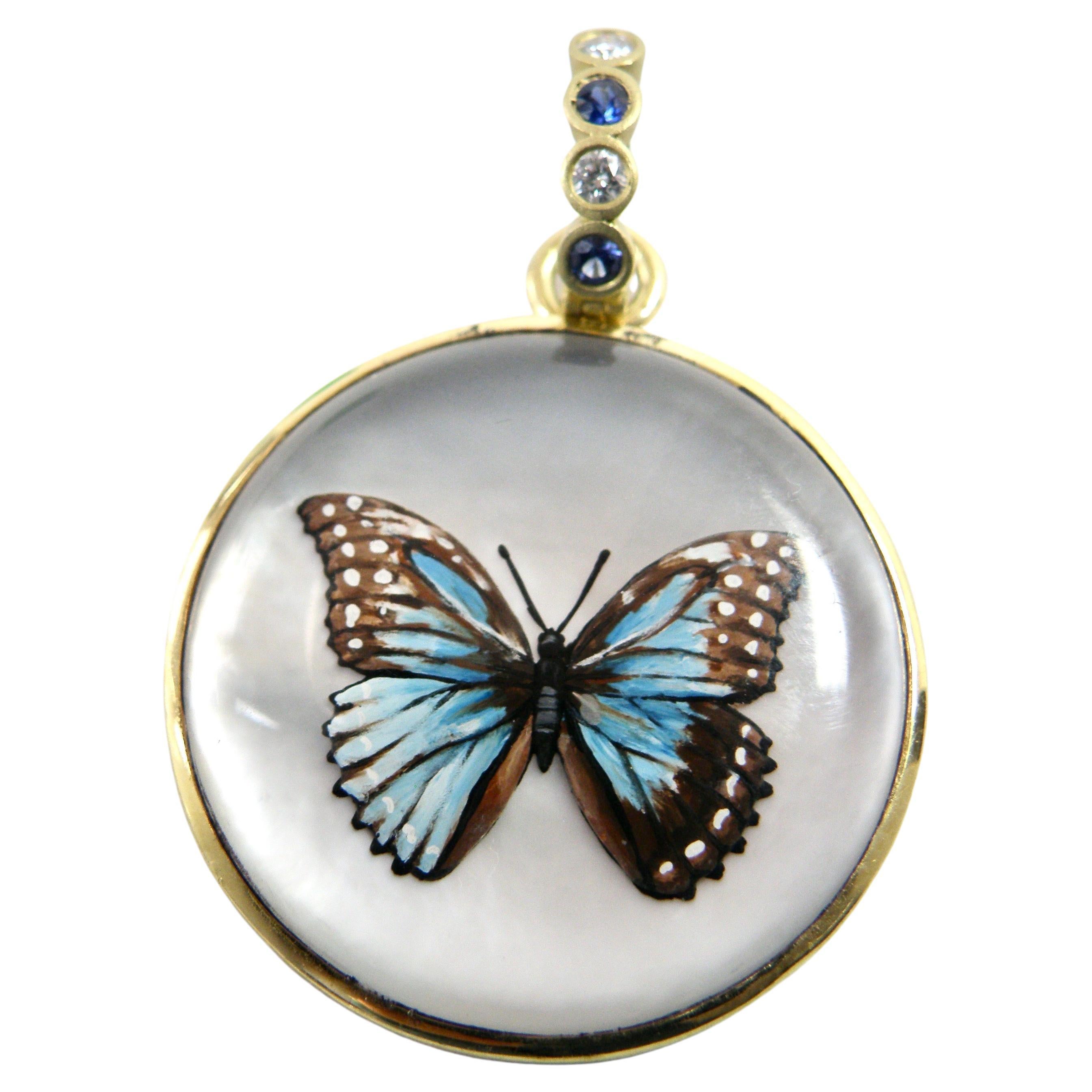 18k Papillon bleu printanier peint à la main  Pendentif en cristal inversé