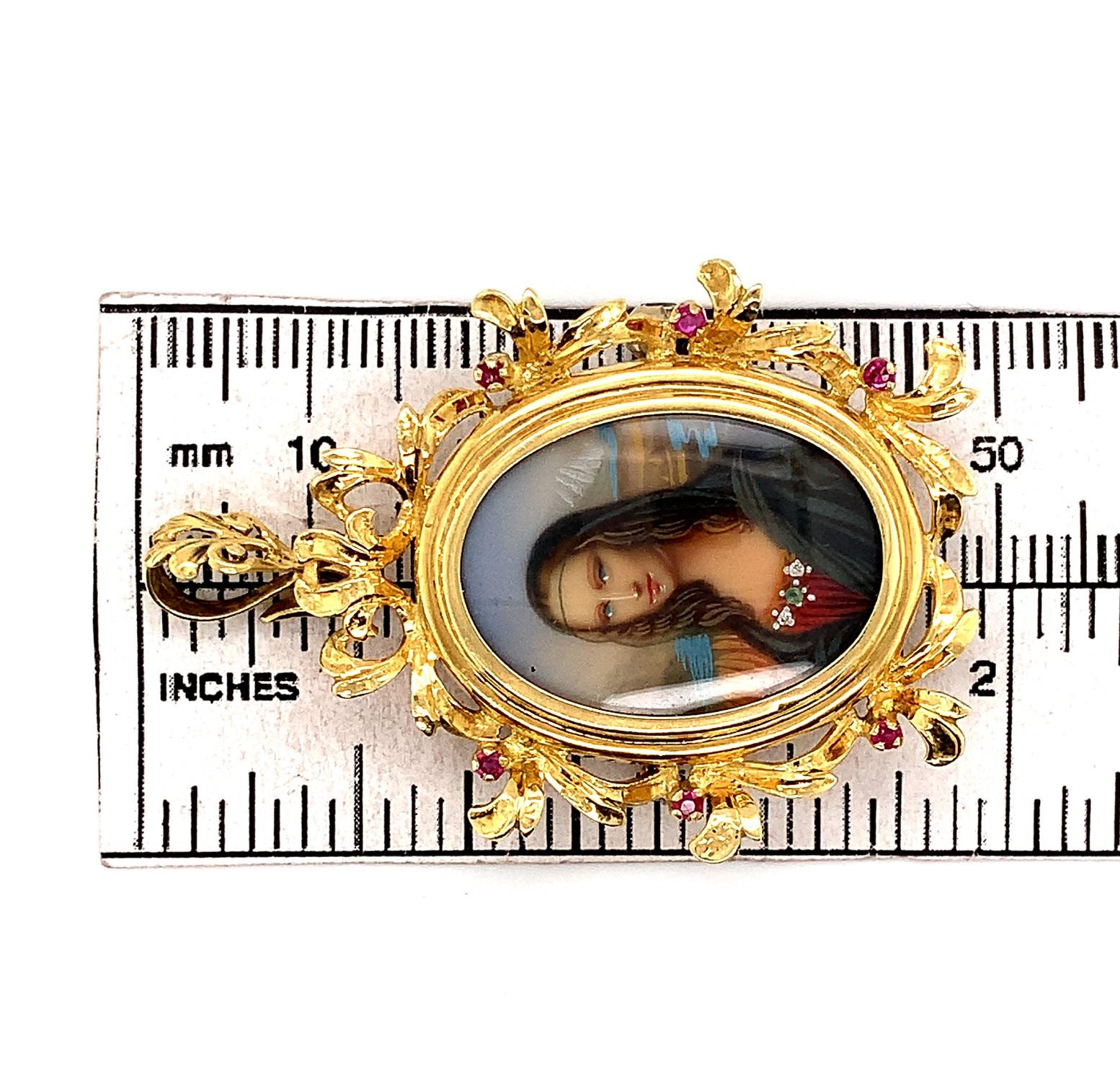 18k Yellow Gold Hand Painted Portrait Pin Mona Lisa In Excellent Condition For Sale In Big Bend, WI