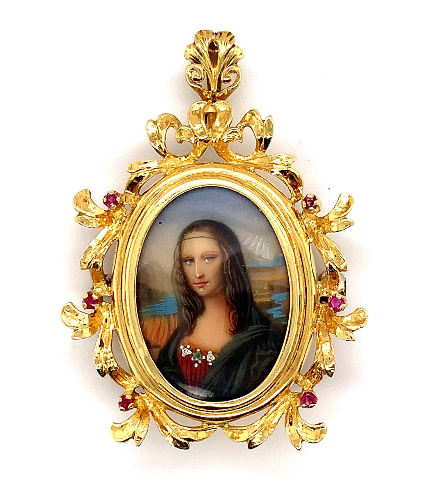 Women's 18k Yellow Gold Hand Painted Portrait Pin Mona Lisa For Sale