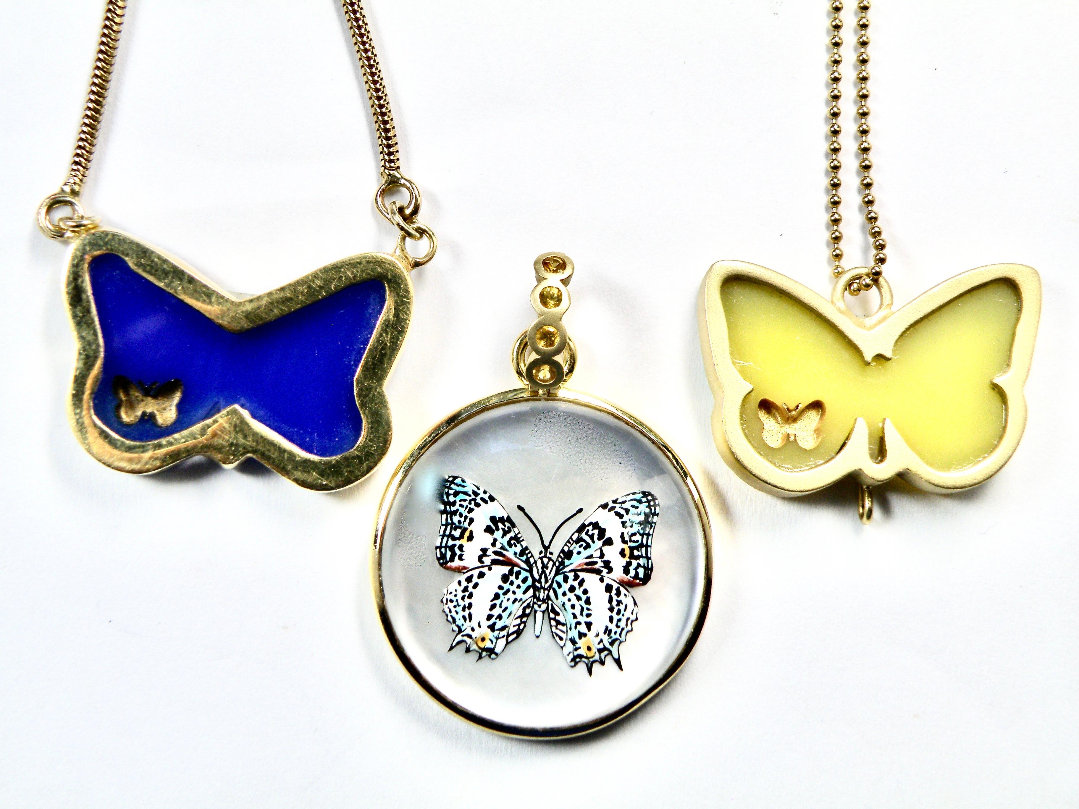 Contemporary 18K Hand Painted Springtime Butterfly  Reverse Crystal  wi Sapphire Bail For Sale