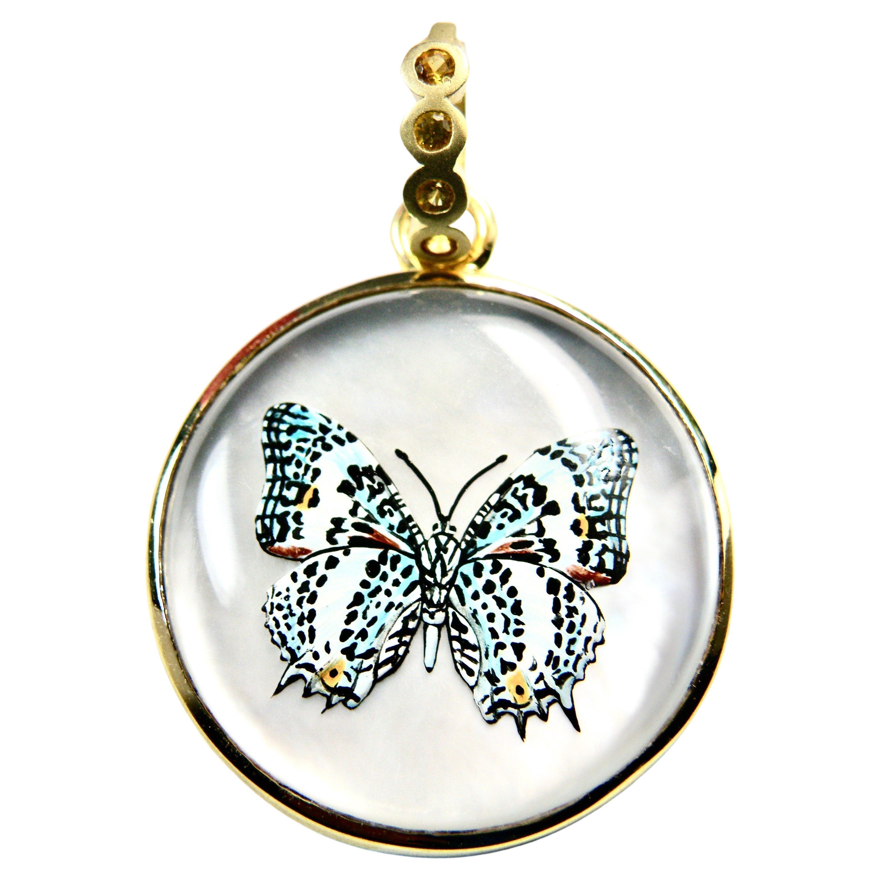 18K Hand Painted Springtime Butterfly  Reverse Crystal  wi Sapphire Bail For Sale